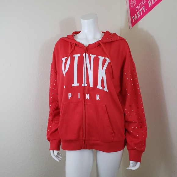 PINK Victoria's Secret Tops - NWT VS PINK L Red Rhinestone Zip Hoodie